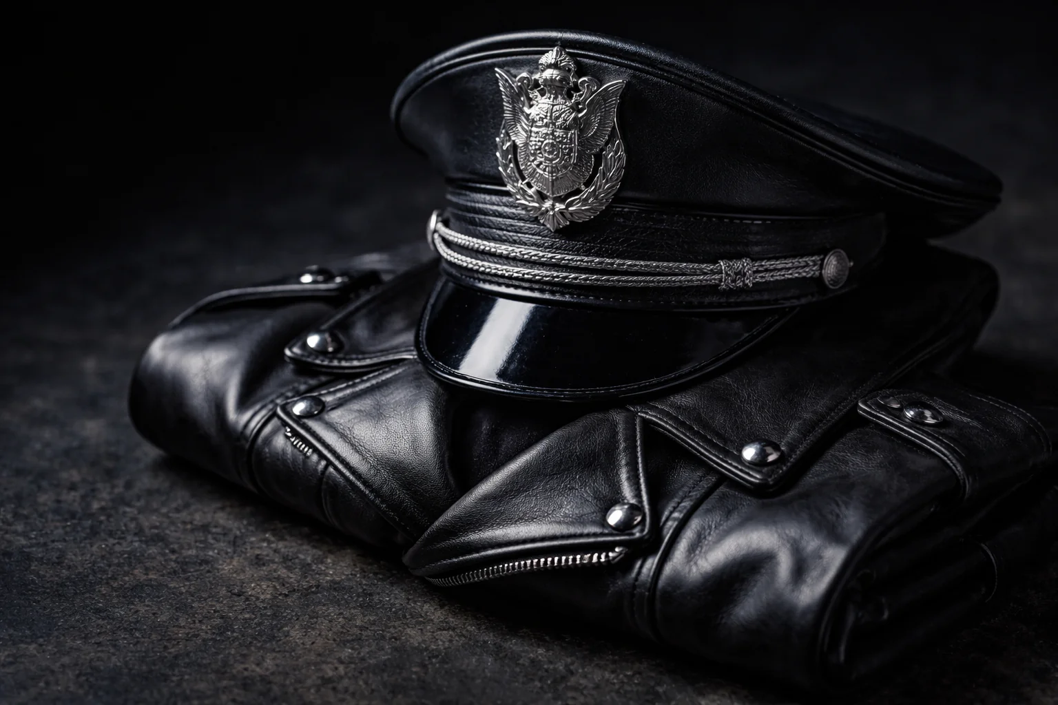 Folded black leather jacket with peaked cap – ShopBasix premium uniform-style attire