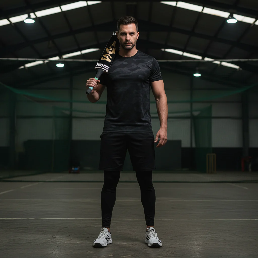 AAtish athlete with cricket bat at indoor practice ground | Shop Basix sports gear