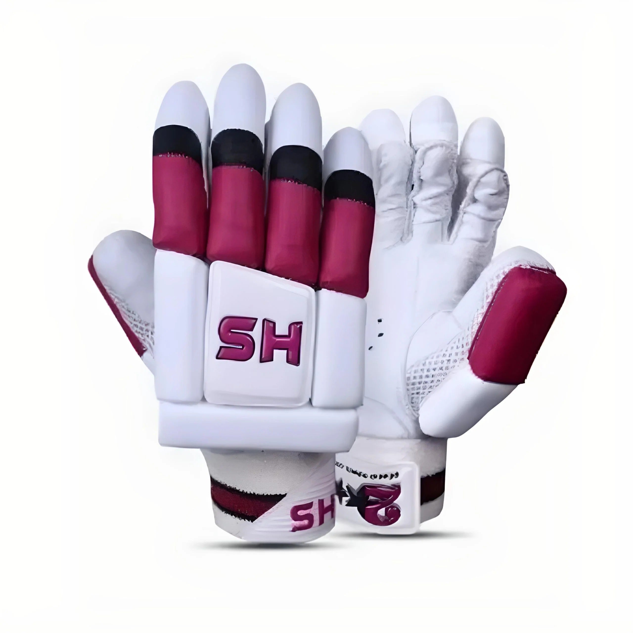Shop Basix Cricket protective white gloves with maroon and black accents and SH branding