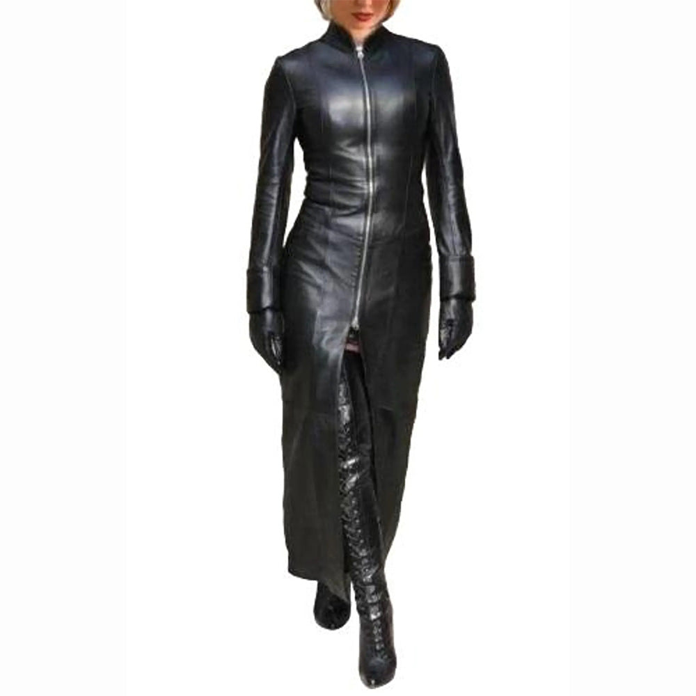 Women’s Leather Trench Coat – Long Duster with Corset Back Laces