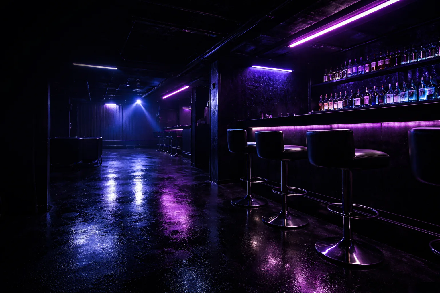 Modern bar interior with neon purple and blue lights – ShopBasix stylish nightlife setting