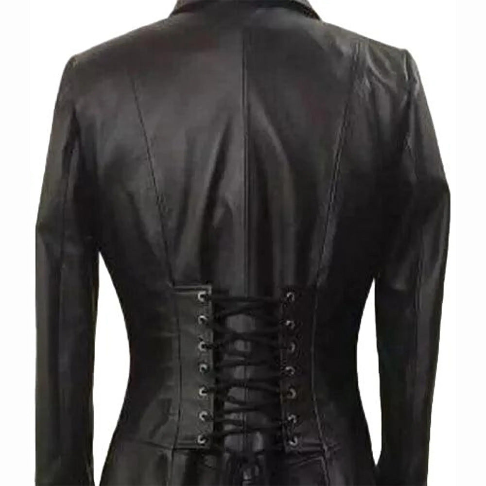 Women’s Leather Trench Coat – Long Duster with Corset Back Laces