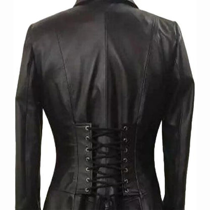 Women’s Leather Trench Coat – Long Duster with Corset Back Laces