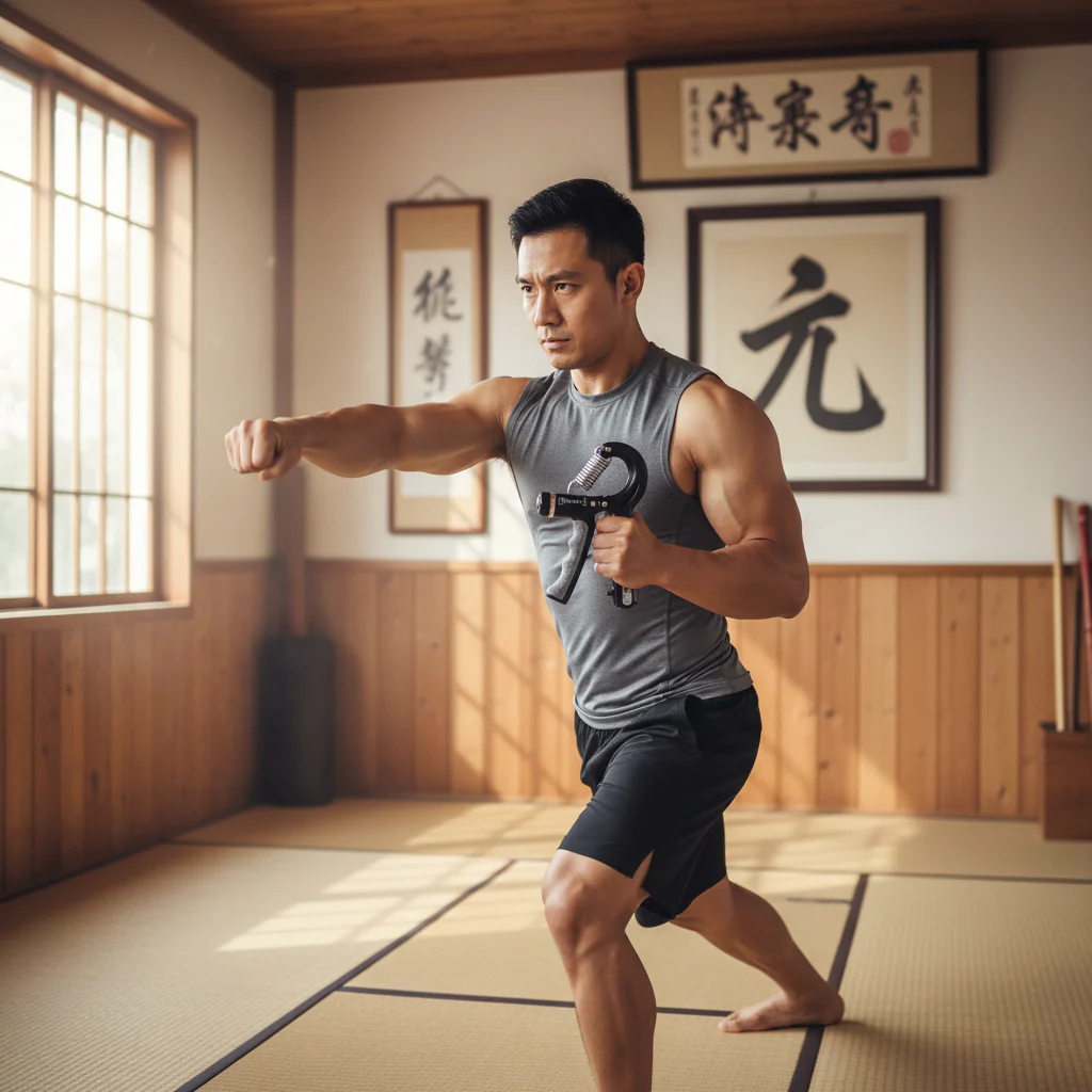 AAtish martial artist training in dojo with grip strength tool | Shop Basix fitness essentials