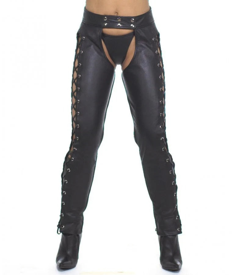 Shop Basix Women's Leather Wear black leather chaps with lace-up sides and thong style paired with heeled boots