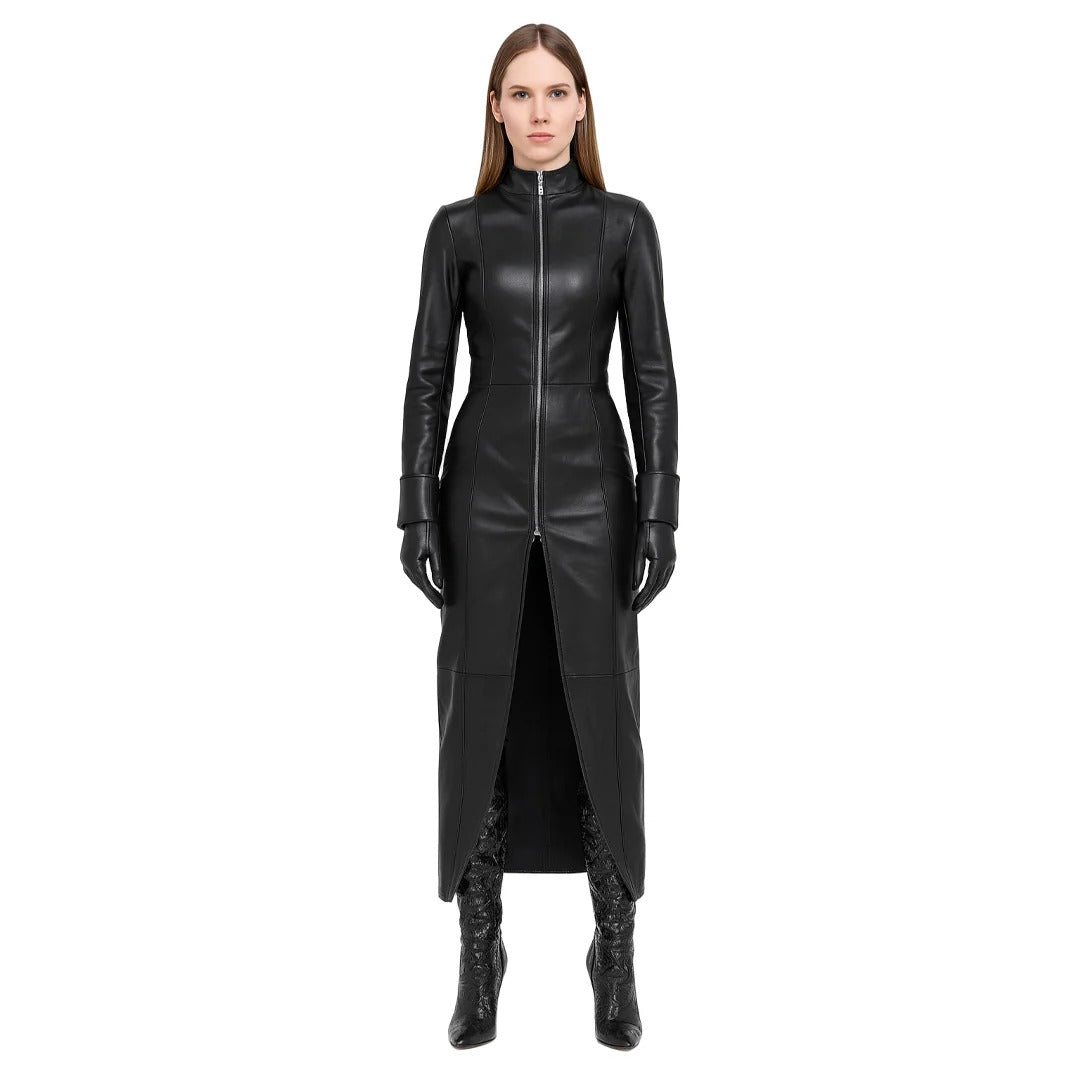Shop Basix Dip Wear long black leather coat with high collar, front zipper, and gloves on plain background