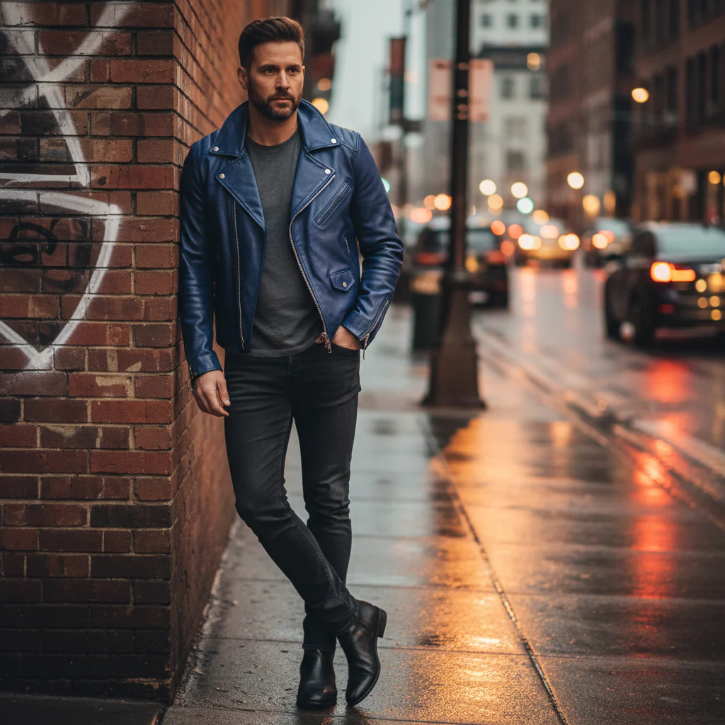 Shop Basix Dip Wear blue leather jacket with gray shirt and boots on wet city sidewalk with graffiti wall