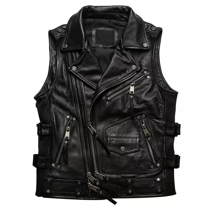 MENS REAL COW LEATHER BLACK MOTORCYCLE VEST BIKER VEST / WAISTCOAT