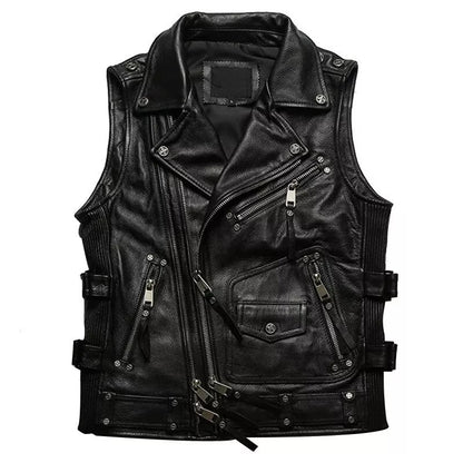 MENS REAL COW LEATHER BLACK MOTORCYCLE VEST BIKER VEST / WAISTCOAT