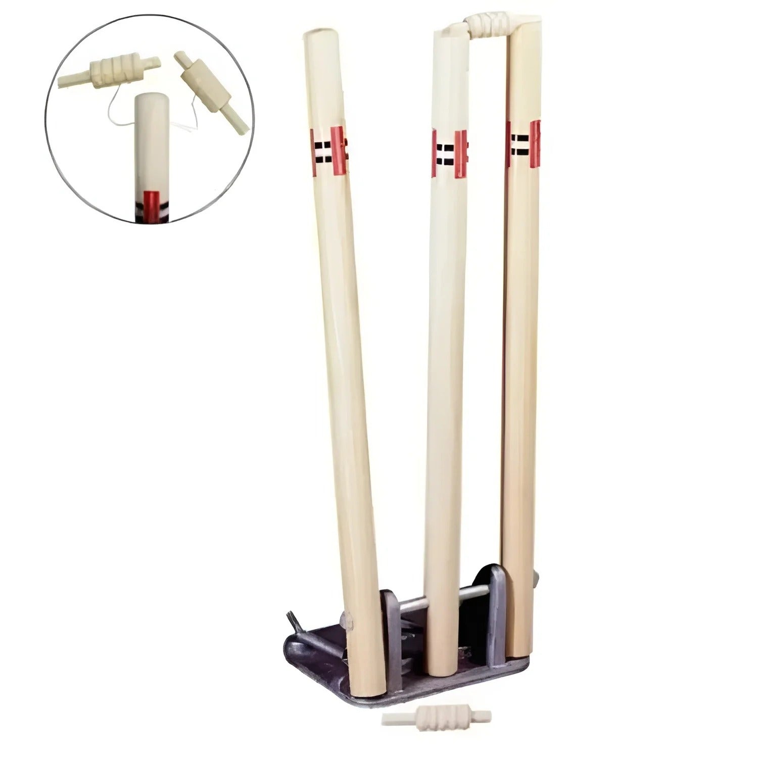 Shop Basix Cricket wooden stumps with red and black markings and bails on top