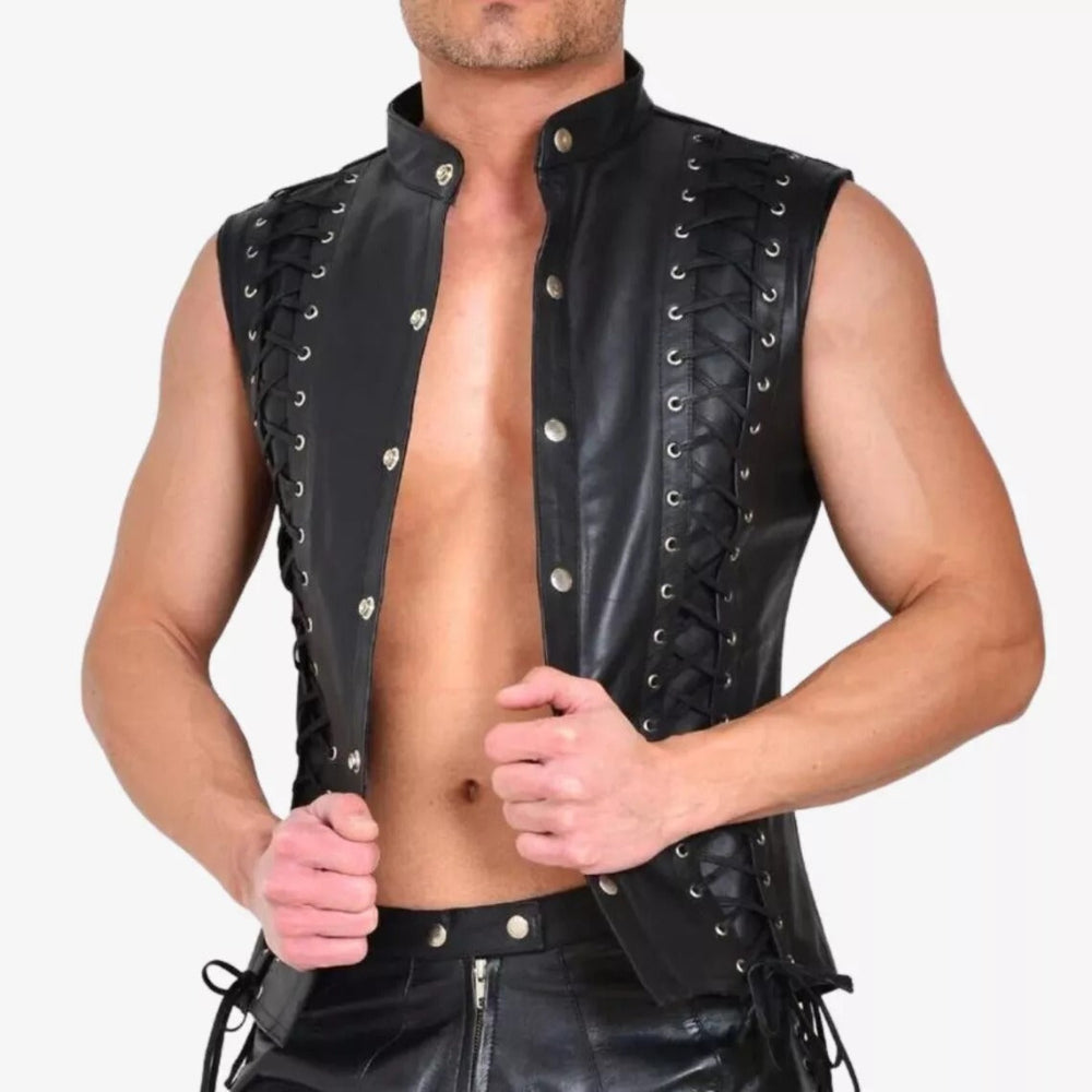 MENS REAL COW LEATHER WITH LACES UP FRONT & BACK BLACK MOTORCYCLE VEST BIKERS VEST / WAISTCOAT