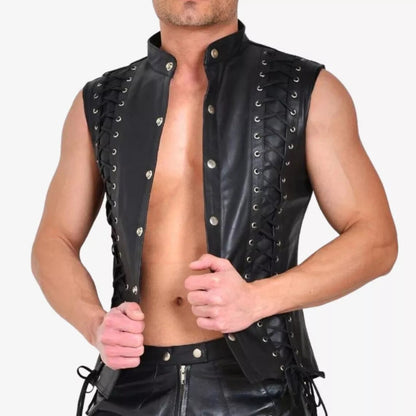 MENS REAL COW LEATHER WITH LACES UP FRONT & BACK BLACK MOTORCYCLE VEST BIKERS VEST / WAISTCOAT