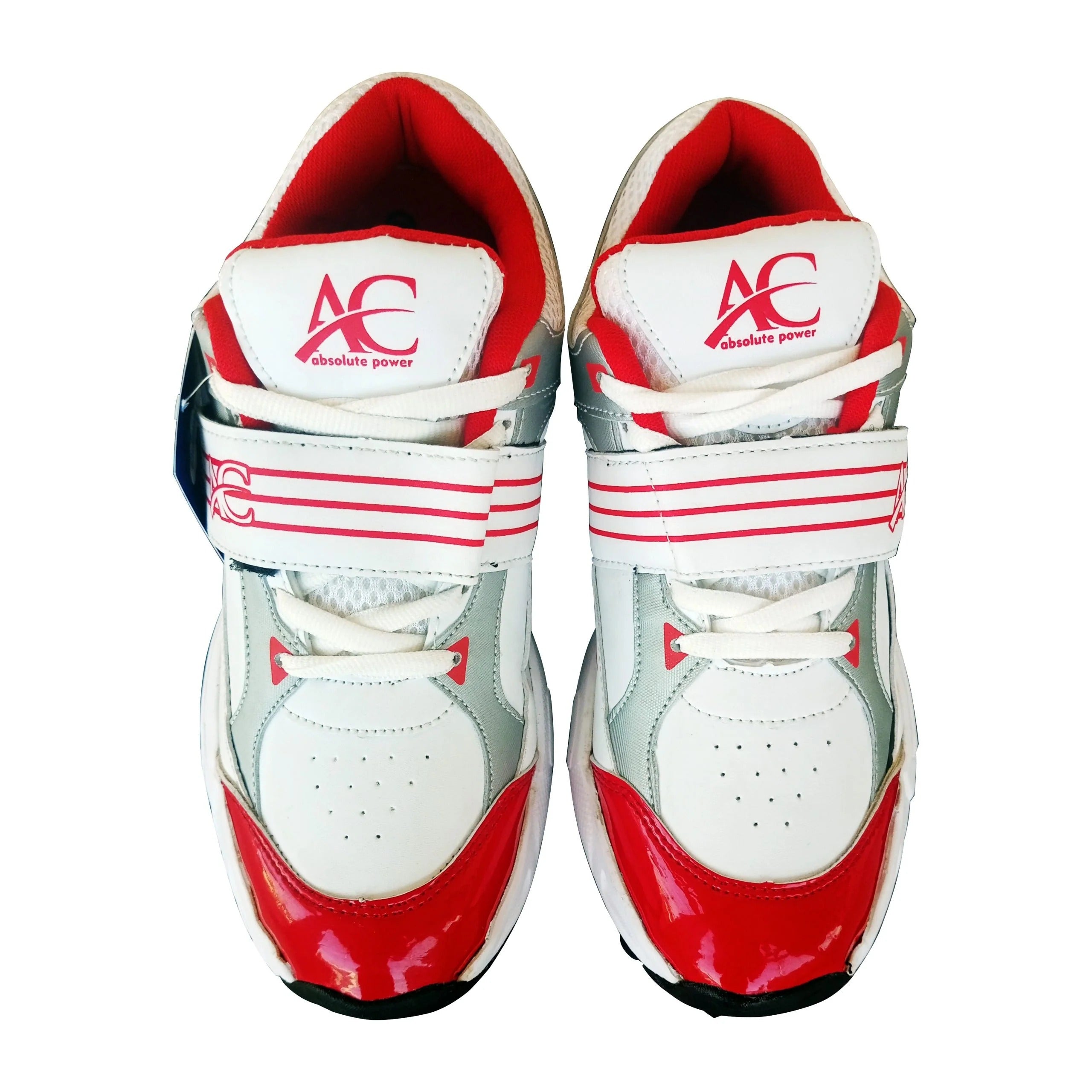 Shop Basix Men's Footwear white athletic shoes with red accents, AC branding, and absolute power logo