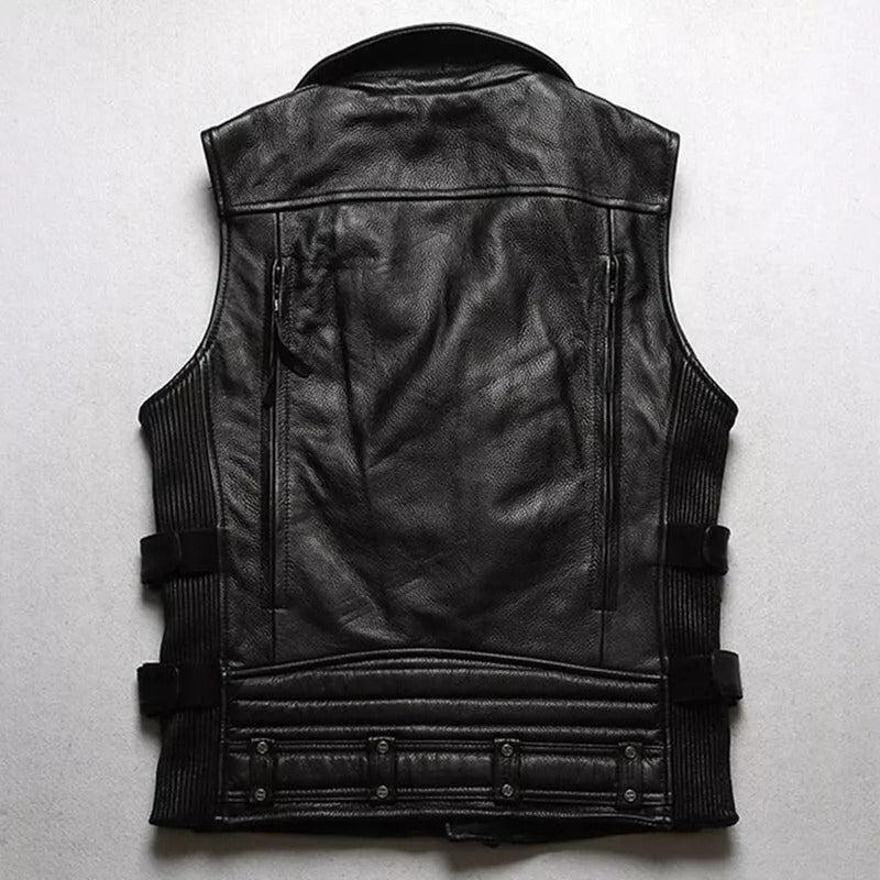 MENS REAL COW LEATHER BLACK MOTORCYCLE VEST BIKER VEST / WAISTCOAT