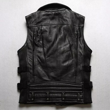 MENS REAL COW LEATHER BLACK MOTORCYCLE VEST BIKER VEST / WAISTCOAT