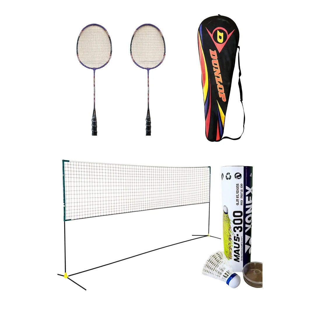 AAtish complete badminton set with Dunlop rackets, Yonex shuttlecocks, and portable net | Shop Basix outdoor sports equipment