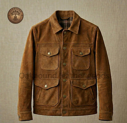 Mens Leather Jacket Vintage Suede Trucker Jacket Brown 4 Pocket Coat Genuine Leather Jacket Retro Western Style Gift for Him