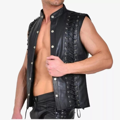 MENS REAL COW LEATHER WITH LACES UP FRONT & BACK BLACK MOTORCYCLE VEST BIKERS VEST / WAISTCOAT