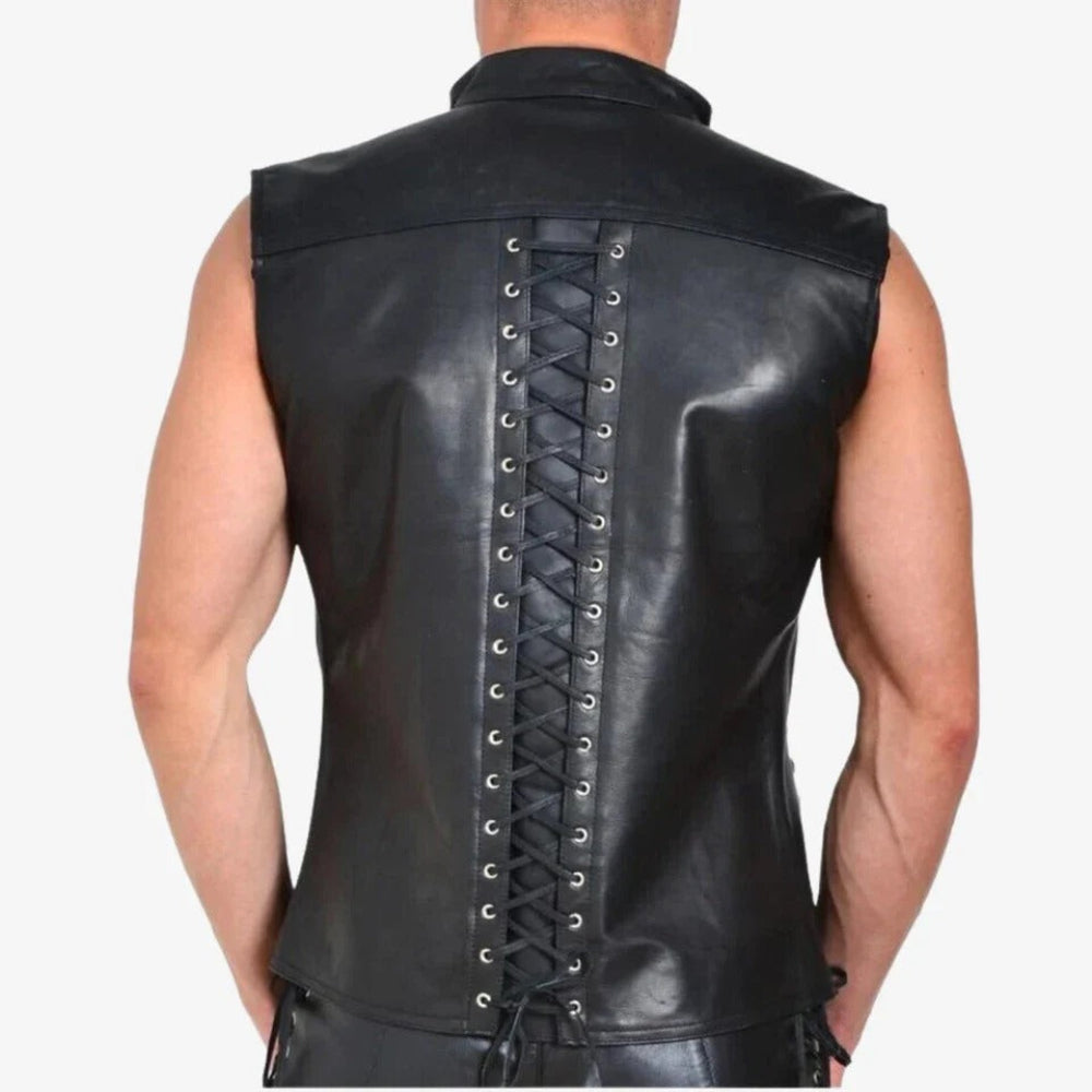 MENS REAL COW LEATHER WITH LACES UP FRONT & BACK BLACK MOTORCYCLE VEST BIKERS VEST / WAISTCOAT