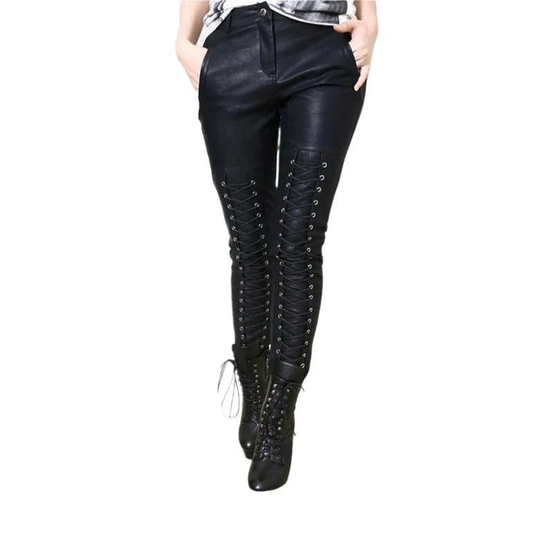 Women's Lace-Up Lambskin Leather Slim Fit Pants – Made to Order