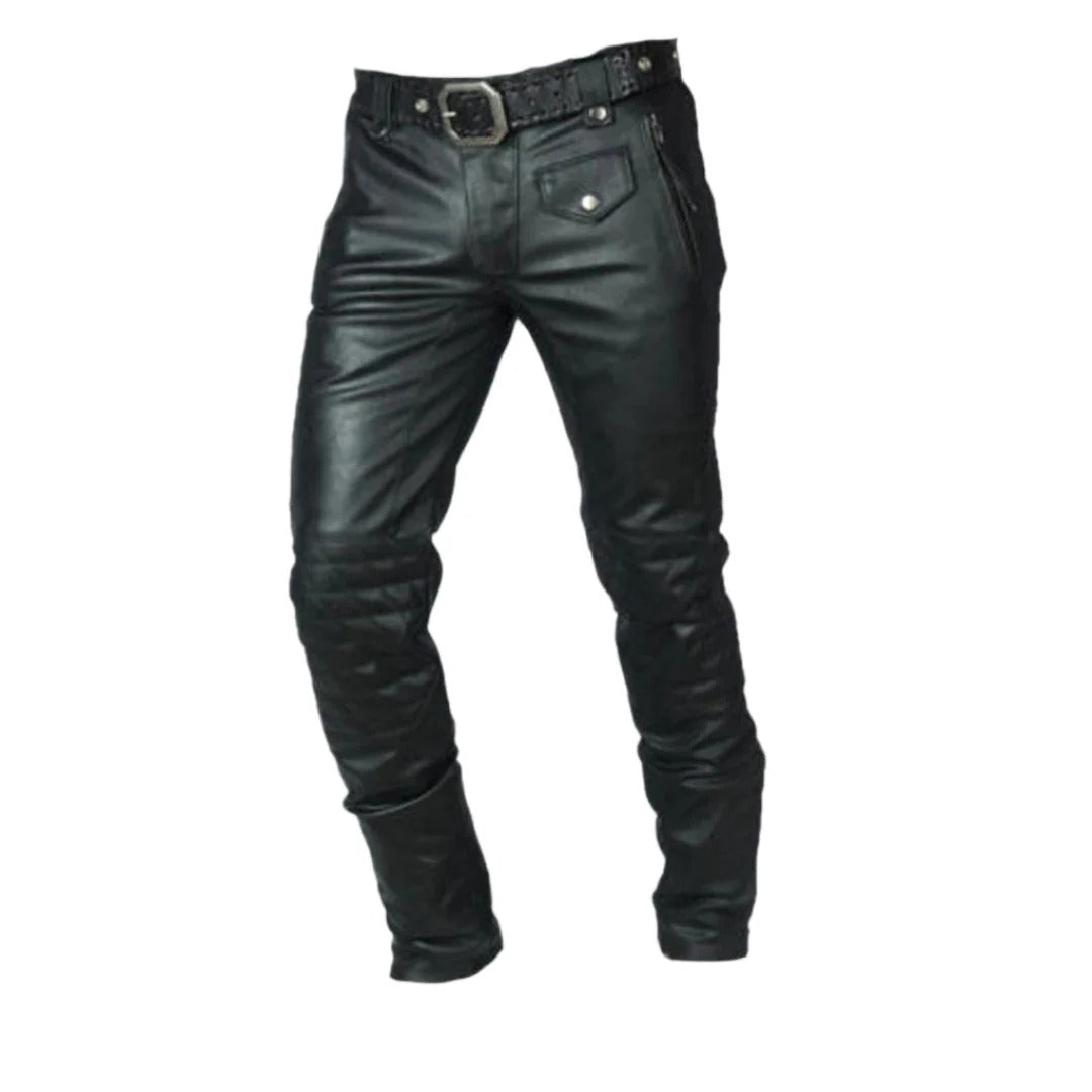 Men’s Cowhide Leather Biker Pants – Quilted Panels & Zip Ankle Closures