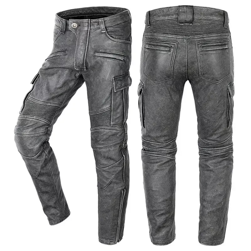 Men’s Distressed Leather Biker Cargo Pants with Pleated Panels