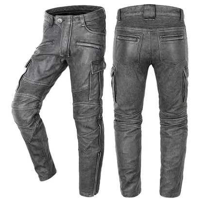 Men’s Distressed Leather Biker Cargo Pants with Pleated Panels