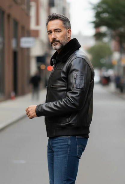 Men's Real Leather Flying Jacket Pilot / Aviator / Bomber + Detachable Fur Collar
