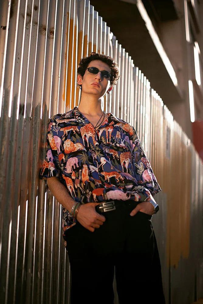 Men’s fashion apparel – ShopBasix vibrant animal-pattern shirt with sunglasses