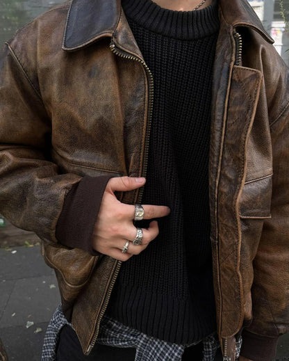 Vintage Distressed Brown Leather Bomber Jacket – Classic Aviator Style, Heavy-Duty Men’s Jacket with Pockets and Ribbed Cuffs Sheep Leather