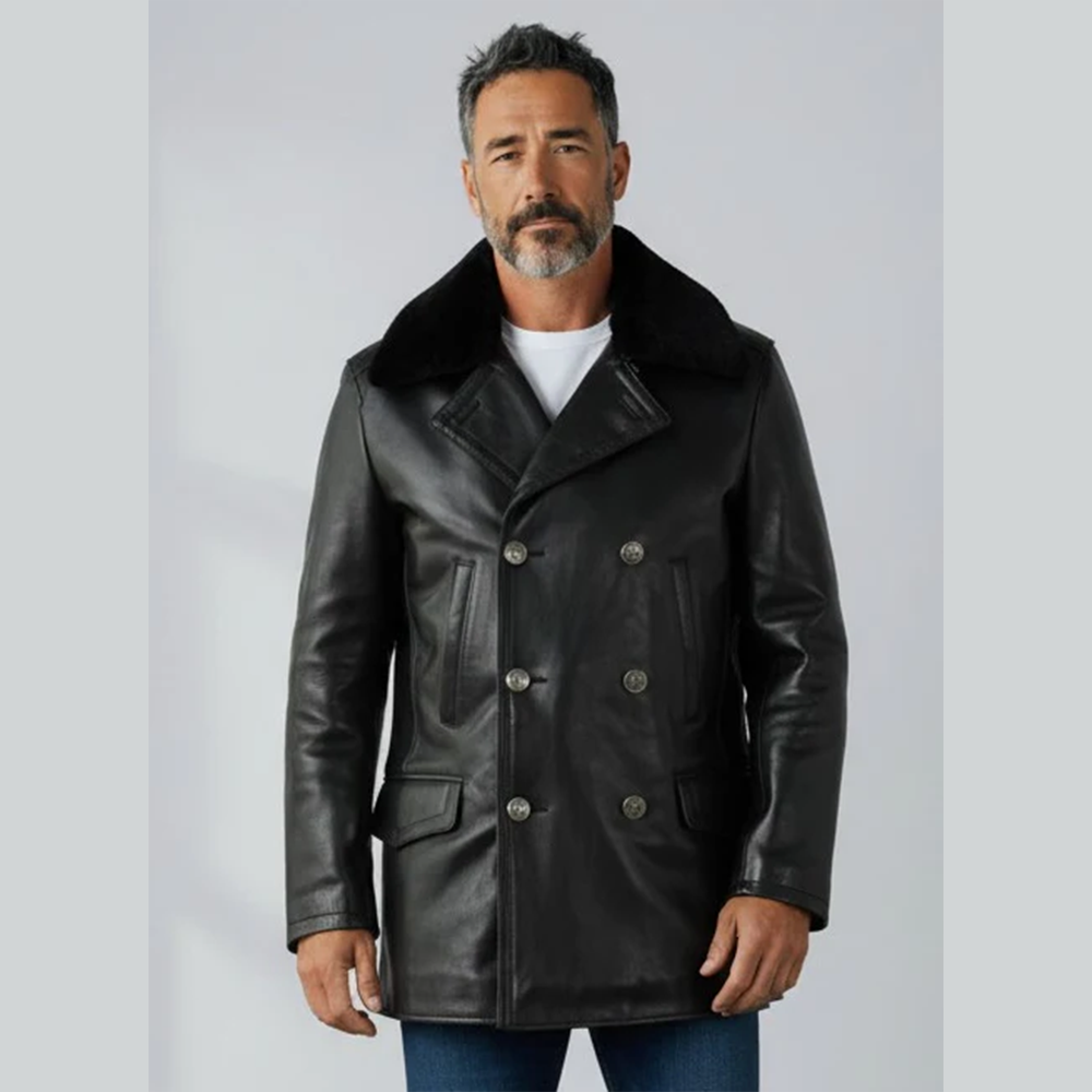 Men’s Real Leather Pea Coat with Detachable Fur Collar – Long Cowhide Jacket
