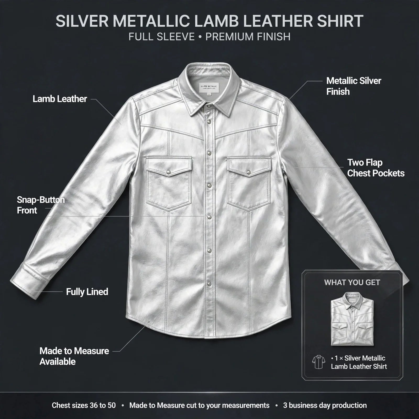Silver metallic lamb leather shirt infographic with snap-button front callouts