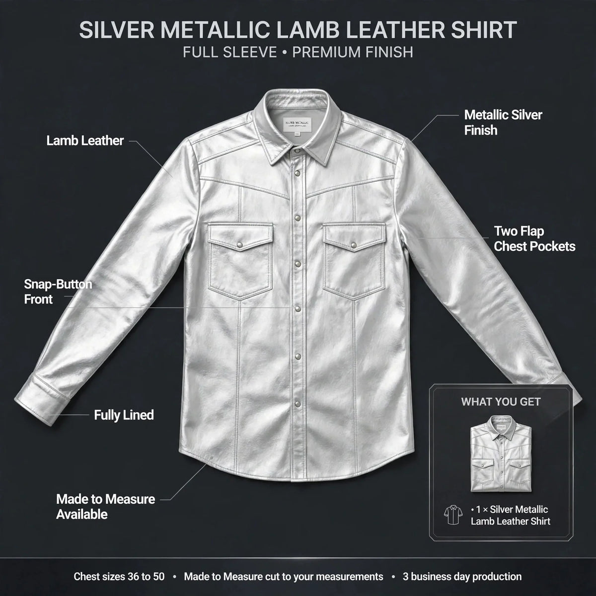 Silver metallic lamb leather shirt infographic with snap-button front callouts