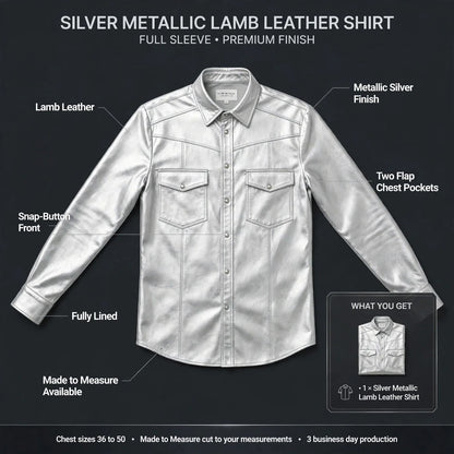Silver metallic lamb leather shirt infographic with snap-button front callouts