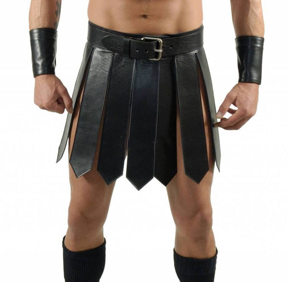 Men’s Genuine Leather Gladiator Kilt – Black Handmade Clubwear Kilt
