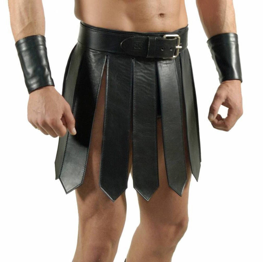 Men’s Genuine Leather Gladiator Kilt – Black Handmade Clubwear Kilt