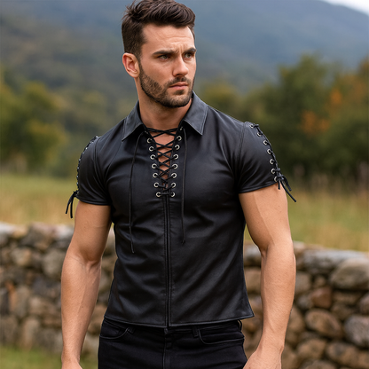 Men’s Real Leather Lace-Up Short Sleeve Shirt Clubwear