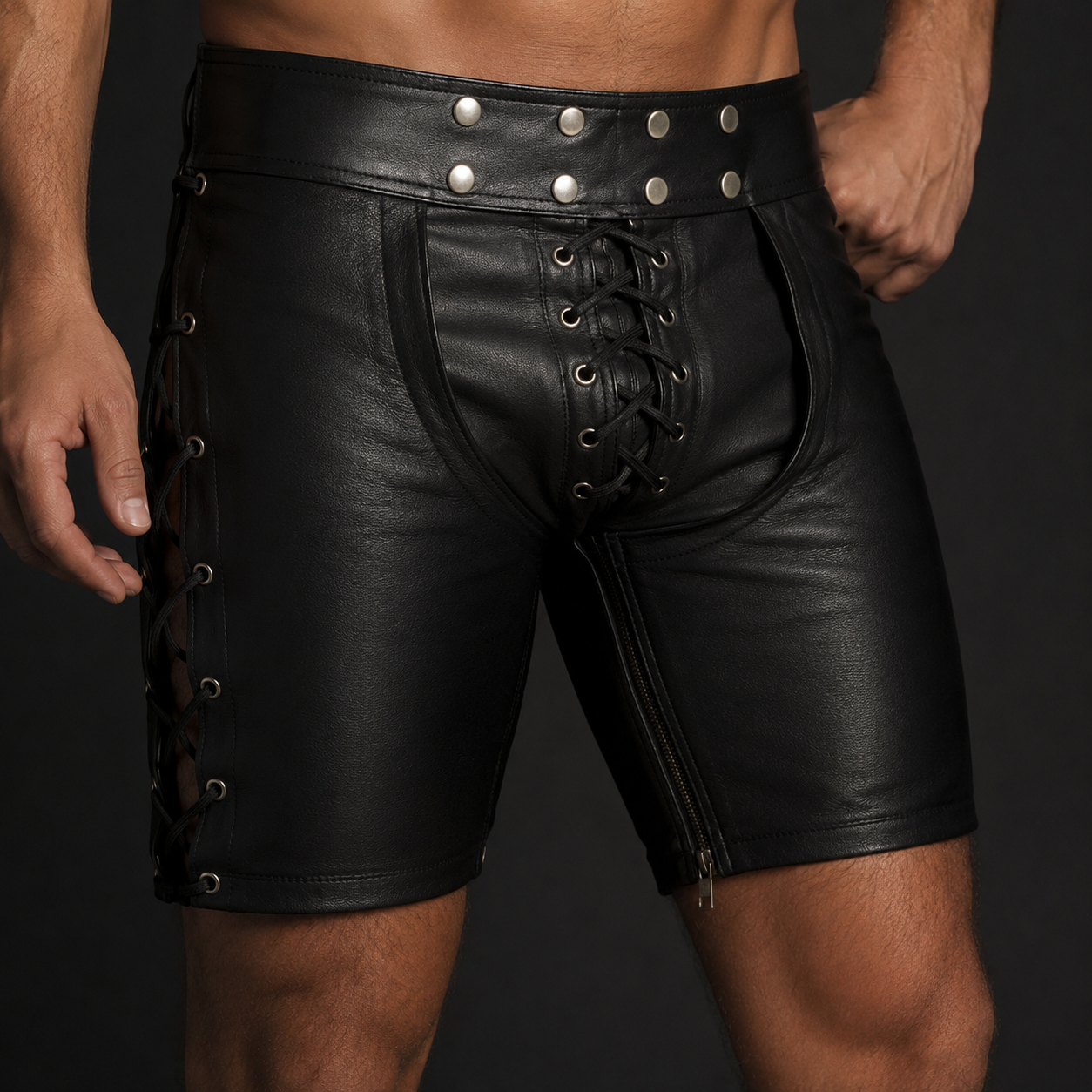 Men’s Cowhide Leather Lace-Up Chaps Shorts for Clubwear