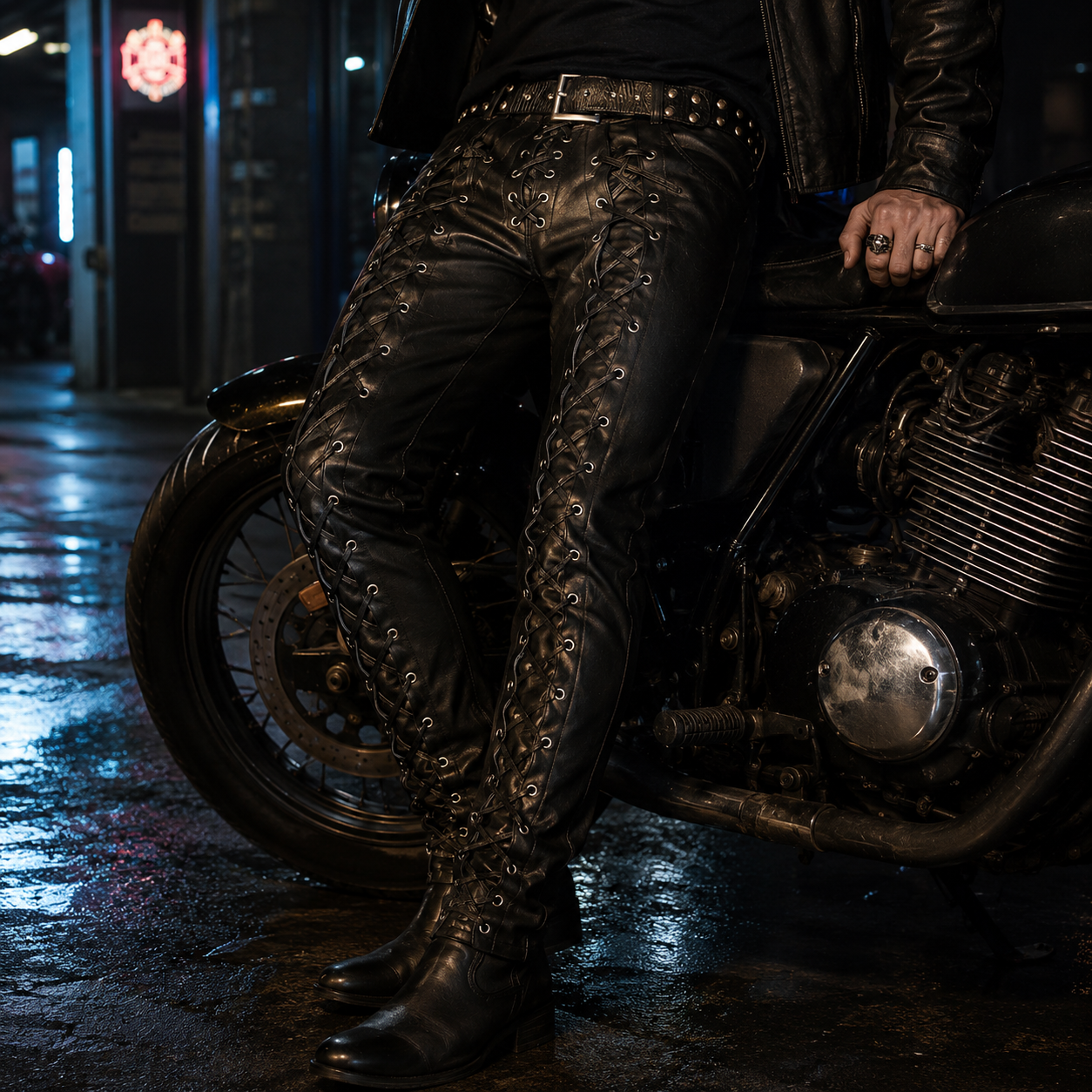 Men’s Lace-Up Cowhide Leather Biker Pants with Front & Back Lacing