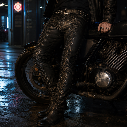 Men’s Lace-Up Cowhide Leather Biker Pants with Front & Back Lacing
