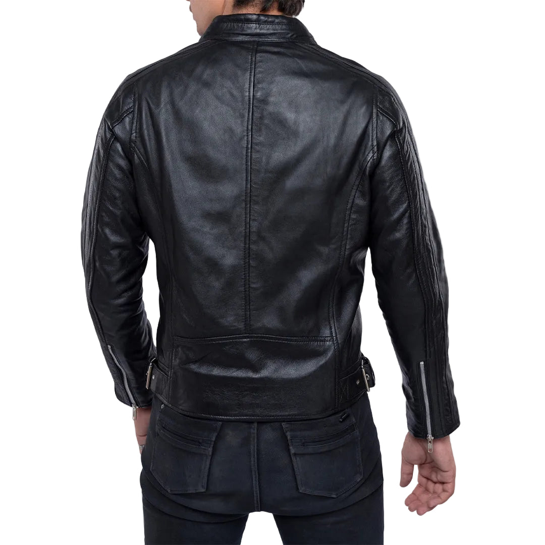Men's Lamb Leather Café Racer Jacket with Side Buckles & Zipped Cuffs
