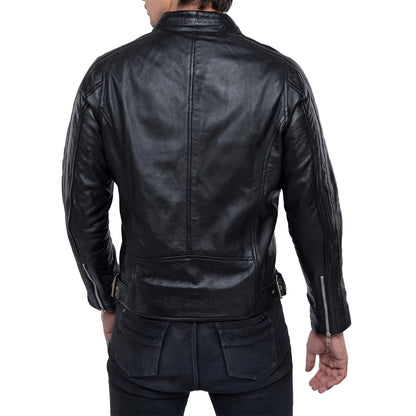 Men's Lamb Leather Café Racer Jacket with Side Buckles & Zipped Cuffs