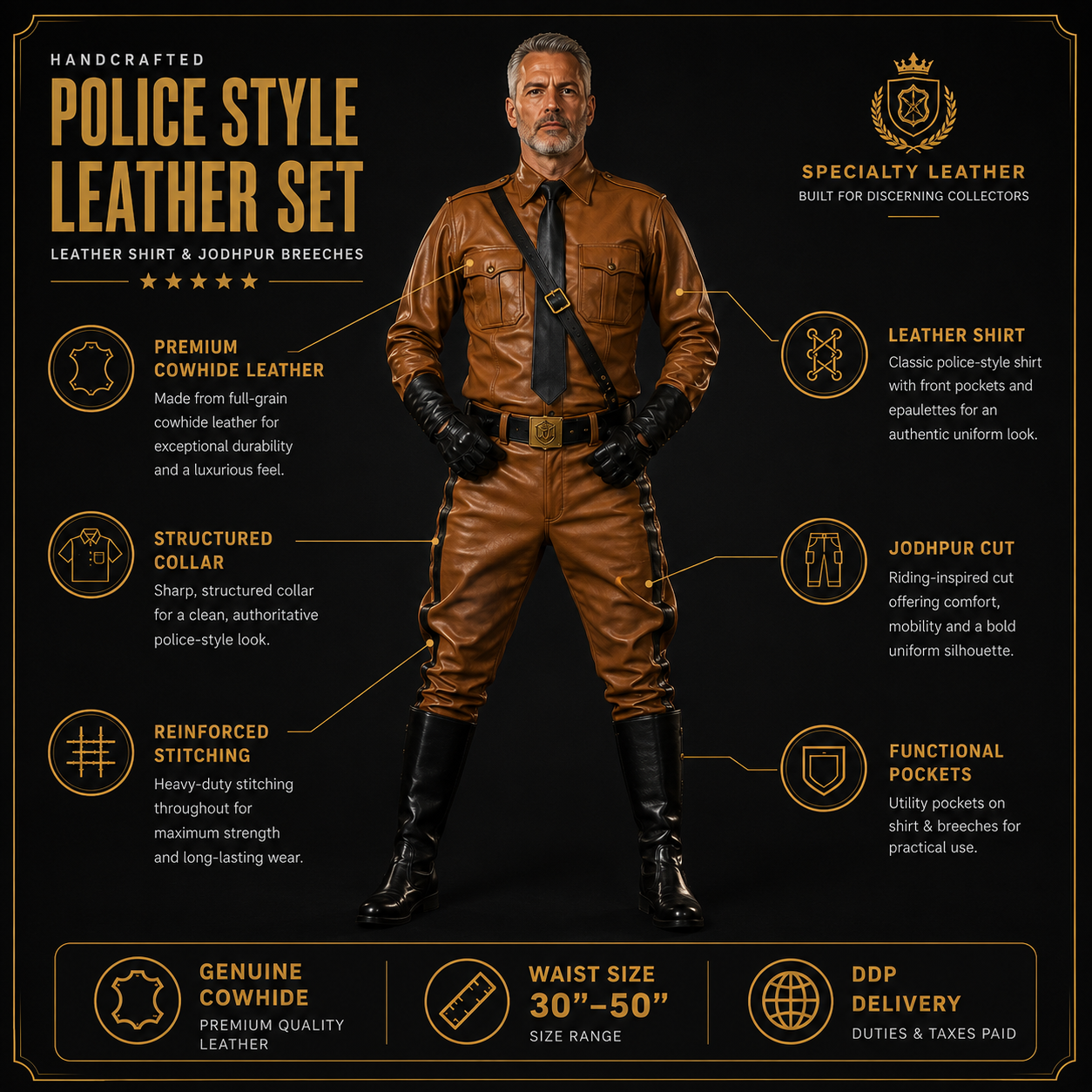 Men’s Leather Jodhpur Breeches & Police Shirt with Side Stripes