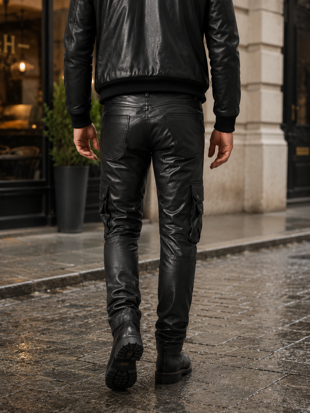 Back view of leather cargo biker pants showing the saddle seat panel.