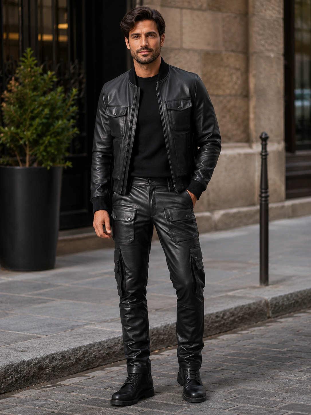 Front view of leather cargo biker pants with snap-button flap pockets.
