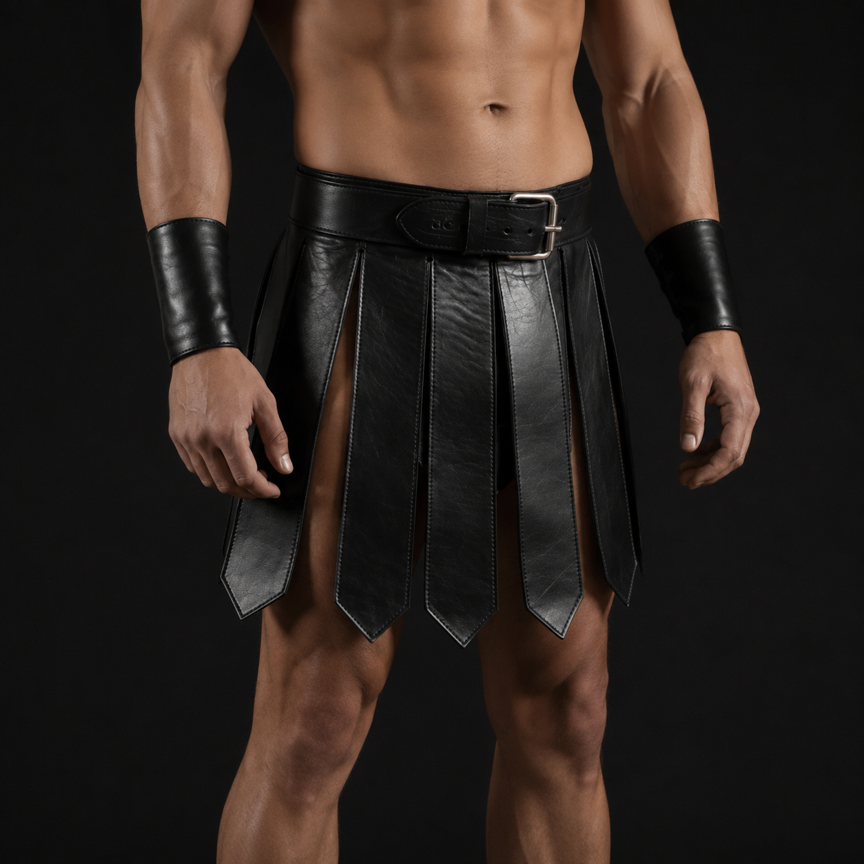 Men’s Genuine Leather Gladiator Kilt – Black Handmade Clubwear Kilt & Wristband