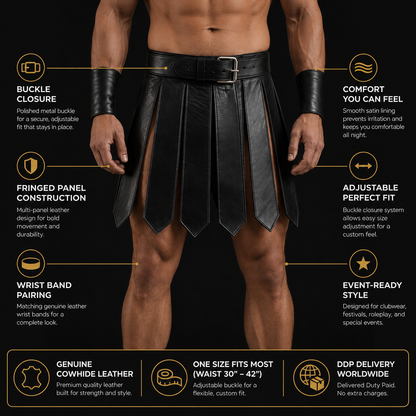 Men’s Genuine Leather Gladiator Kilt – Black Handmade Clubwear Kilt & Wristband