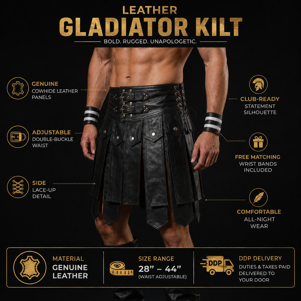 Men’s Real Leather Gladiator Kilt – Clubwear Kilt with Free Wrist Bands
