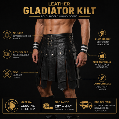 Men’s Real Leather Gladiator Kilt – Clubwear Kilt with Free Wrist Bands