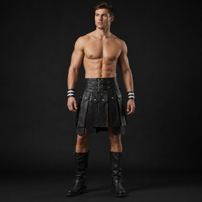 Men’s Real Leather Gladiator Kilt – Clubwear Kilt with Free Wrist Bands